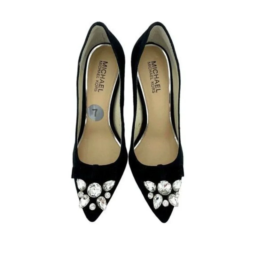 MICHAEL KORS Felicity Black Suede Leather Pumps Crystal Rhinestone SZ 7 NEW